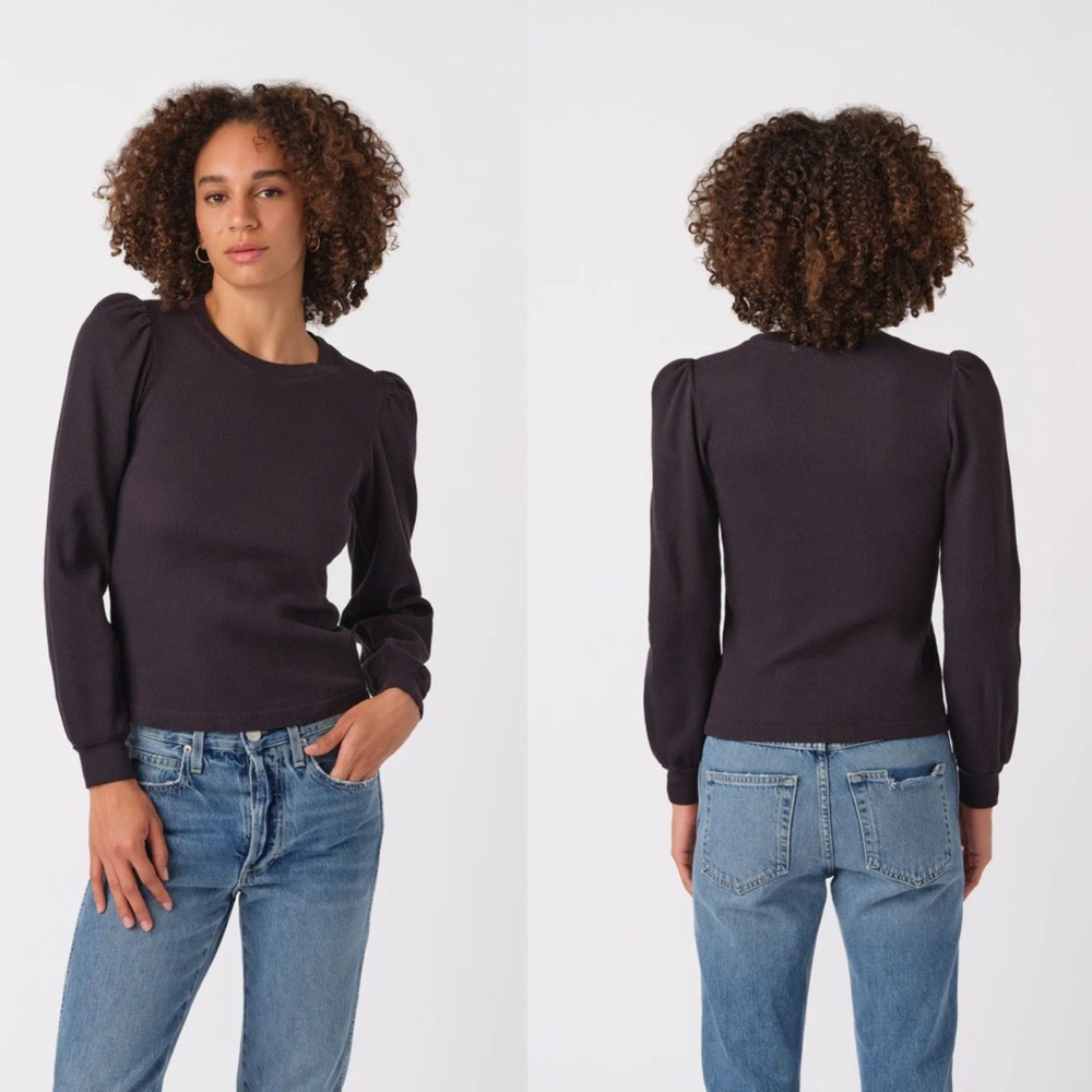 AMO Girly Thermal Top Vintage Black Puff Shoulder Waffle Knit Size XS